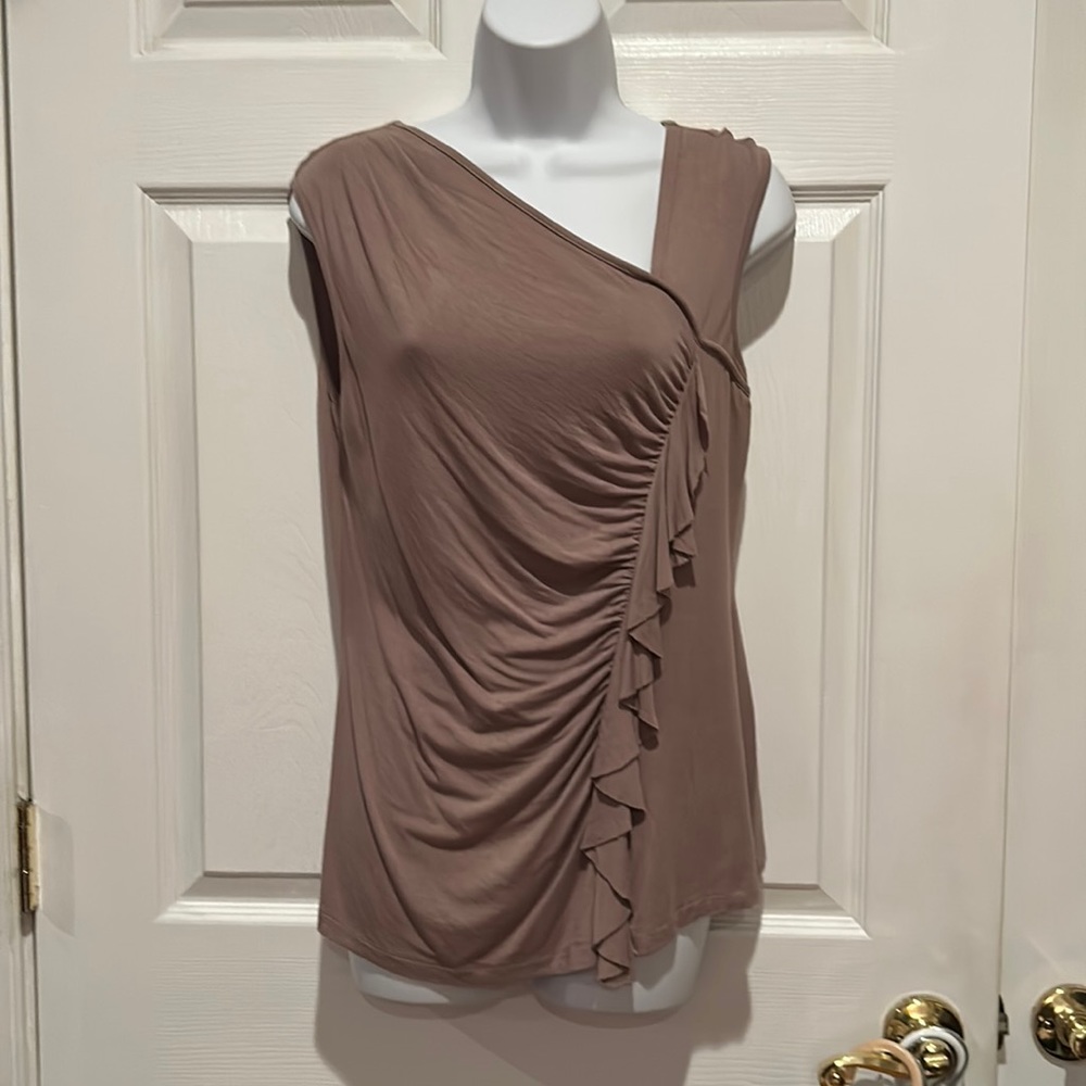 Kenar Tan Sleeveless Top with Vertical Side Ruffle Sz M